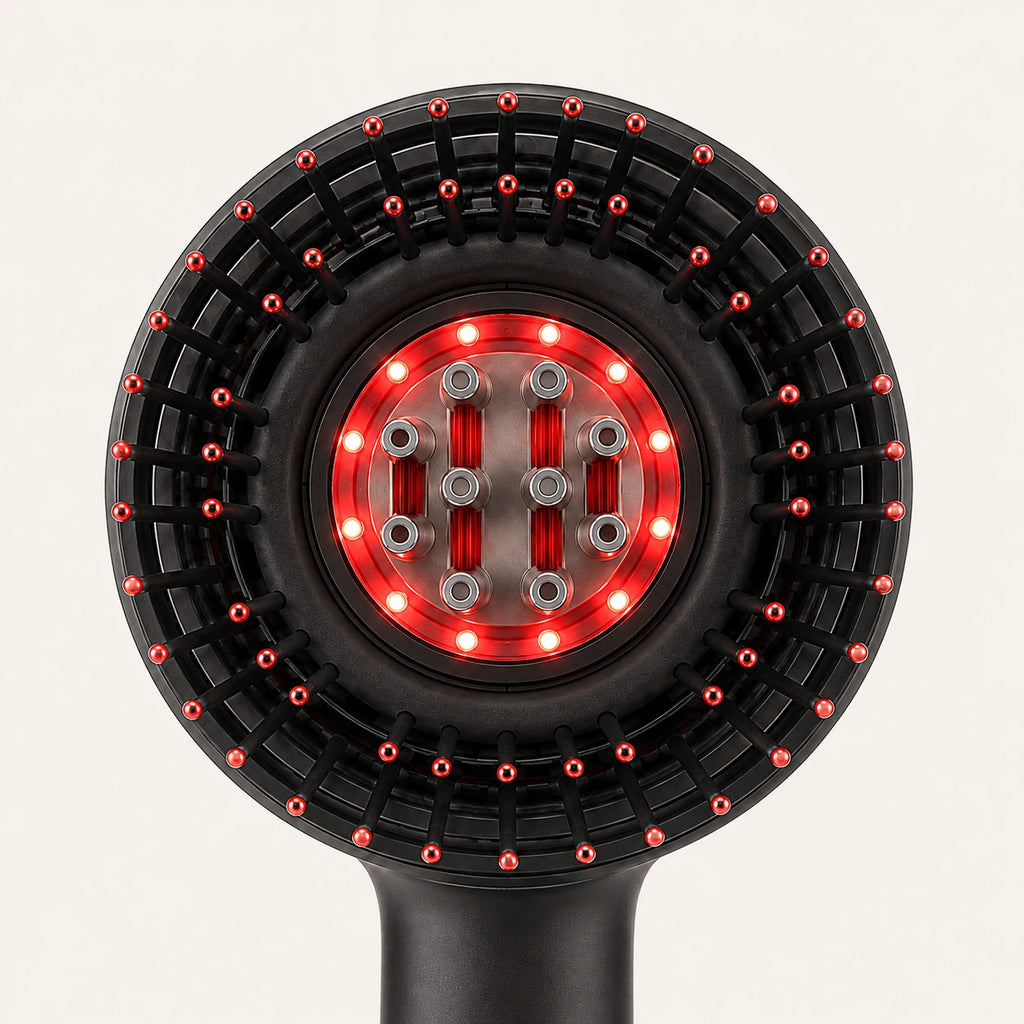 Detalle macro del cabezal: cerdas flexibles alrededor del anillo de luz roja
